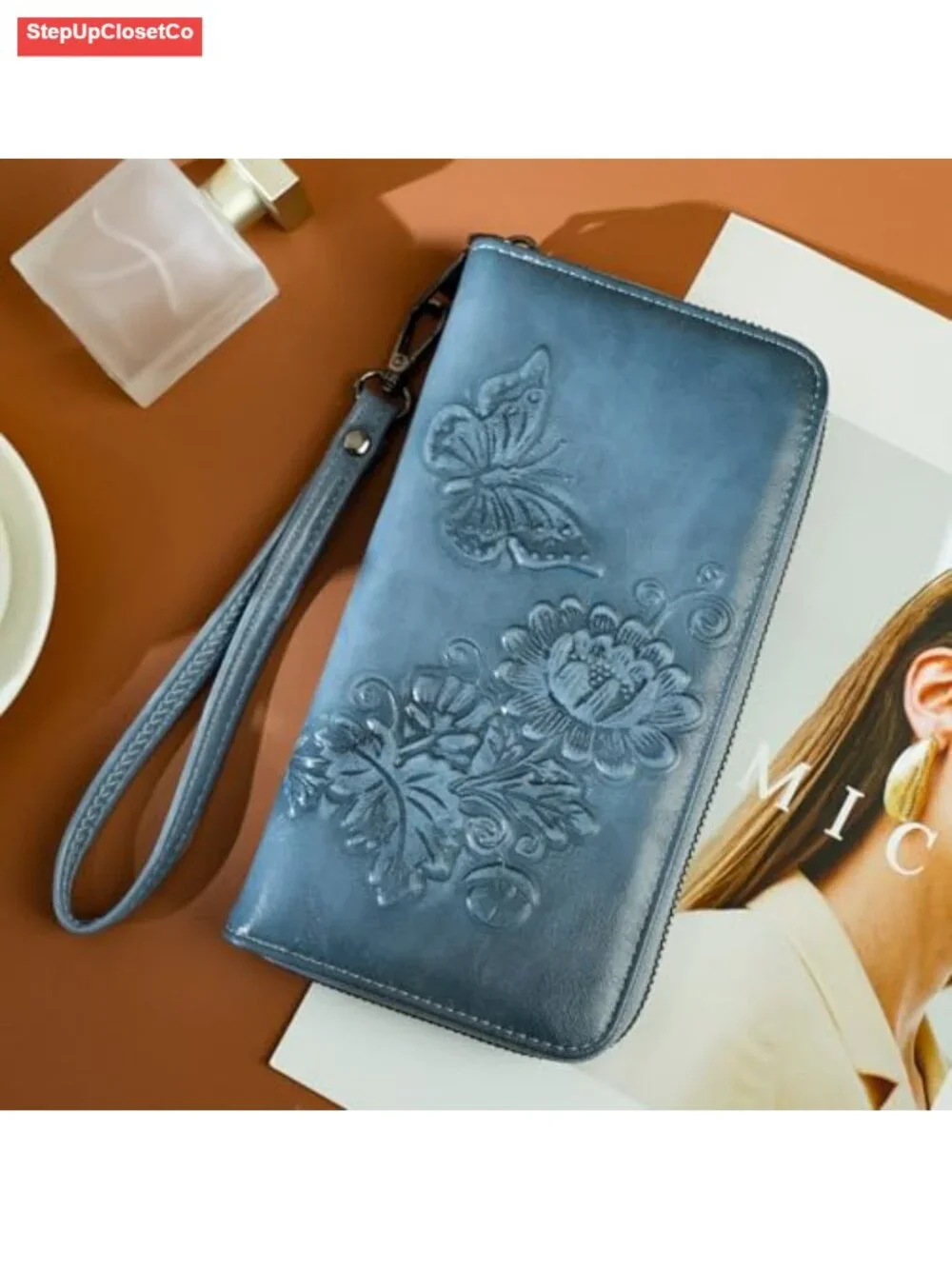 Vegan Faux Leather RFID Wristlet Wallet - Large Capacity Floral Embossed Clutch